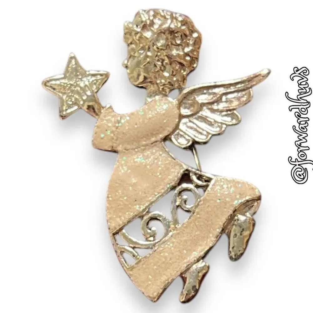 Sparkling Silvertone Angel Brooch with Enamel Dress
